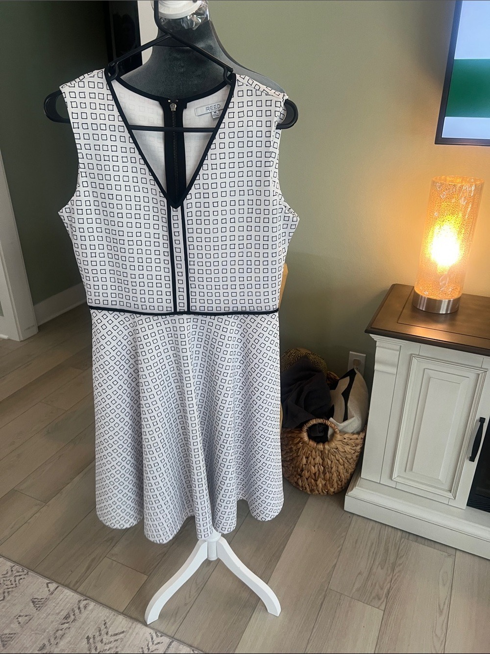 Reed & Barton Black and White Geometric V-Neck Fit & Flare Dress